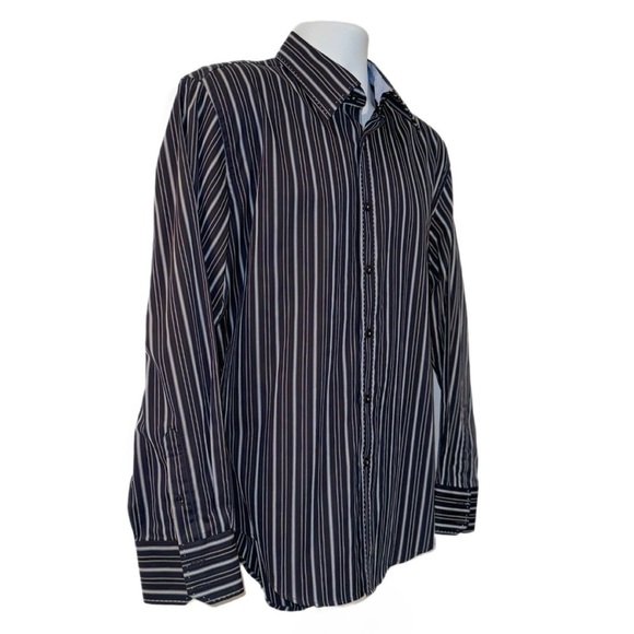 7 Diamonds Men’s Long Sleeve Button-Up Shirt Navy & Light Blue Stripe 100%Cotton - Picture 4 of 12